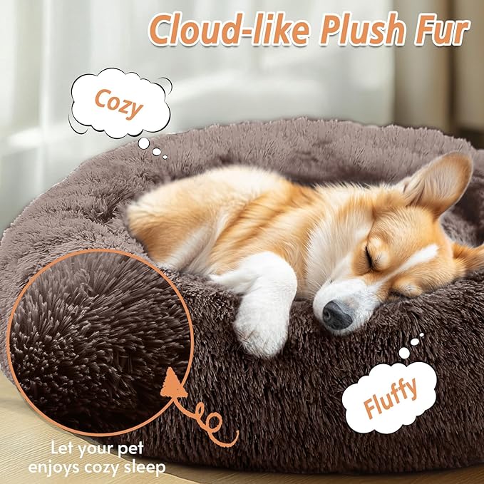 JOLLYVOGUE Calming Dog & Cat Bed for Large Dogs, Anti-Anxiety Donut Cuddler Cozy Soft Round Bed with Anti-Slip Bottom, Fluffy Faux Fur Plush Cushion Beds for Medium Dogs (36")