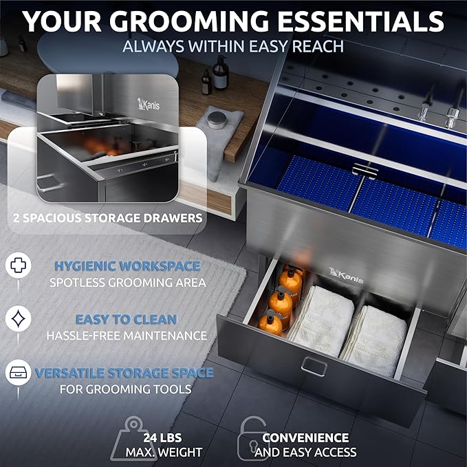 KANIS Professional Dog Washing Station - 304 Stainless Steel Pet Wash Sink & Grooming Bathtub w/Shower, Floor Grates and Storage for Large, Medium & Small Pets (61", 2 Drawers - Right Ramp)