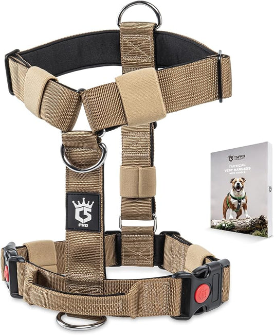TSPRO Heavy Duty Premium Tactical Dog Harness for Large Dogs, No Pull, Adjustable Fit, Quick-Release Buckle, Padded Handle, Perfect for Hiking, Walking, Running & Training (Khaki M 25)