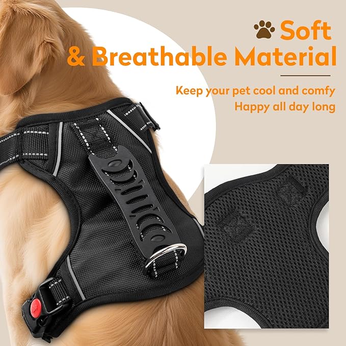 No Pull Dog Harness with 2 Leash Clips, Reflective Adjustable Soft Padded Vest with Handle, Breathable Oxford No Choke Pet Vest for Puppy, Black,XS