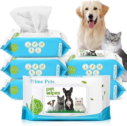 PrimePets Dog Grooming Wipes, 600 Count, 6x8 Inch Deodorizing Wipes for Dogs & Cats, 100% Fragrance Free, Natural Pet Wipes for Cleaning Face Bum Eyes Ears Paws Teeth, Dog Wipes