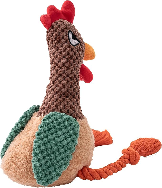 Plush Rooster Dog Toy with Squeaker, Interactive Rope Legs for Small and Medium Dogs, Multicolor Tug and Fetch Chew Toy