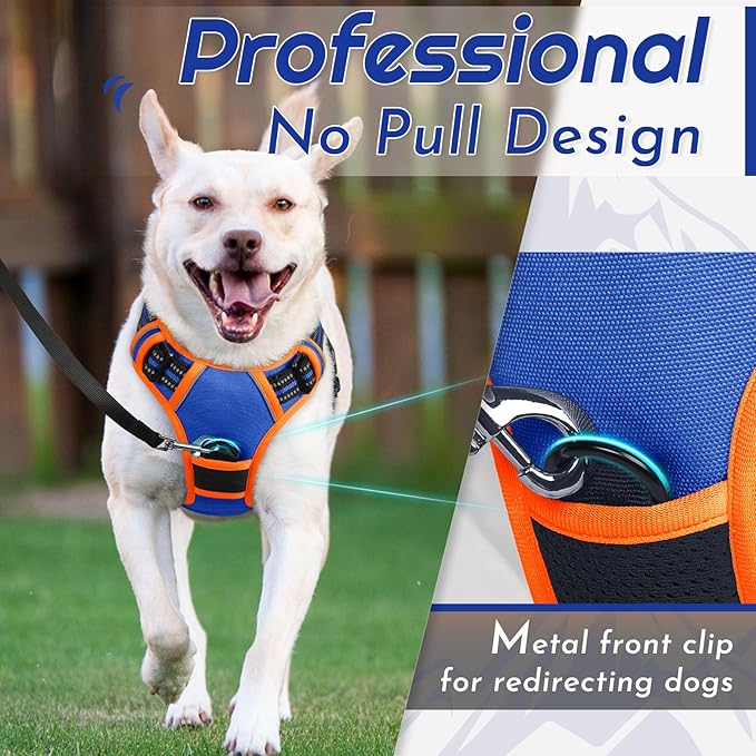Eagloo Dog Harness for Large Dogs, No Pull Service Vest with Reflective Strips and Control Handle, Adjustable and Comfortable for Walking, No Choke Pet Harness with 2 Metal Rings, Blue & Orange, XL