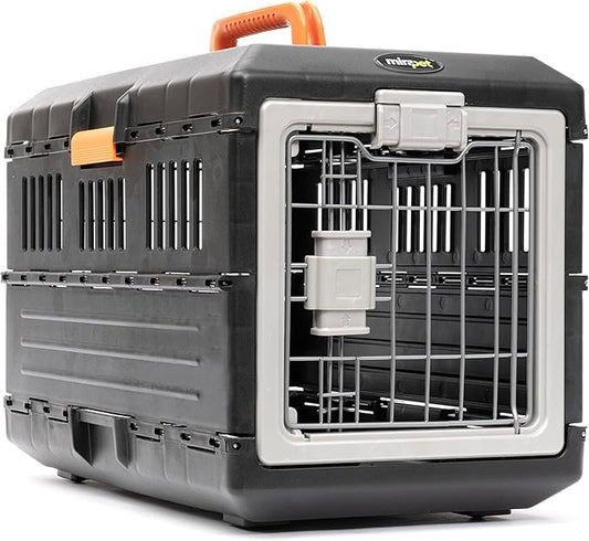 USA Pet Carrier & Crate 35" - Premium Collapsible Design for Medium Cats and Dogs - Portable Kennel for Indoor/Outdoor - 360° Ventilation & Hard Plastic Wall Protection (Orange Handle, Small)