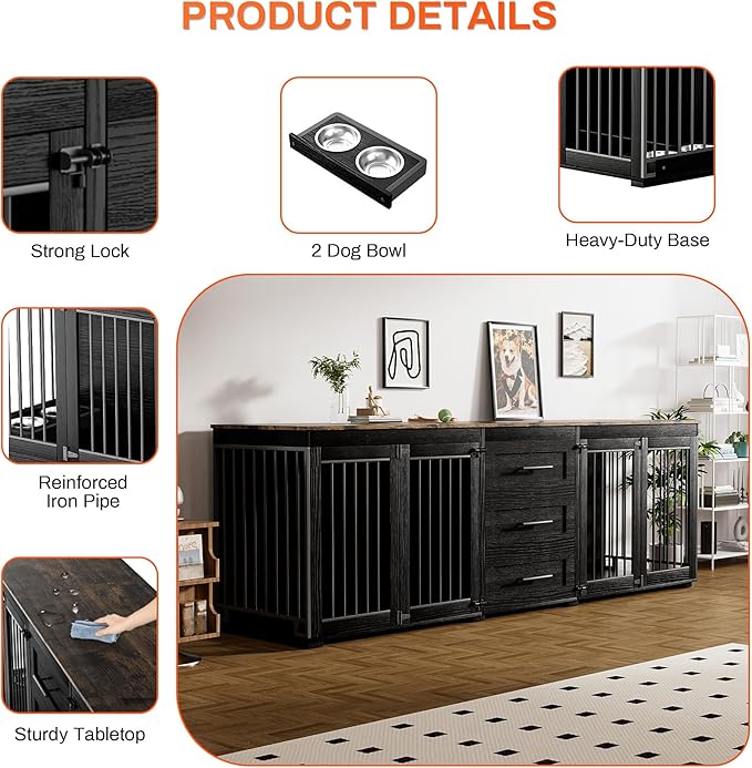 Rophefx 94.5" Dog Crate Furniture for 2 Dogs, Large Dog Kennel Furniture with 3 Storage Drawer, Wooden Dog Cage with 4 Bowls, Indoor Dog House TV Stand with Locks for Large Medium Dog, Black