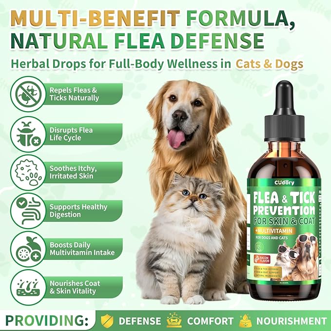 Oral Flea & Tick Prevention for Dogs and Cats, Natural Flea and Tick Defense Drops with Multivitamin for Pets - Supports Healthy Skin & Coat - Flea Herbal Drops All Breeds and Sizes - Bacon Flavor