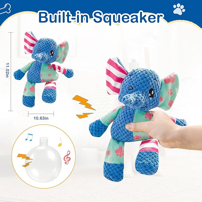 Dog Squeak Toys for Small & Medium Breeds, Puppy Teething Interactive Chewing Plush Toy to Keep Them Busy, Best Birthday, Christmas, Halloween, Easter Gift, Elephant