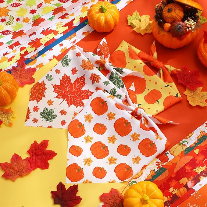 Sweetude 100 Pieces Fall Dog Bandanas Bulk,Thanksgiving Bandanas for Dogs Pumpkin Maple Leaves Pattern Puppy Triangle Scarf Bibs for Medium Small Pet Autumn Costume Accessories(31.5 x 21.65 x 21.65)