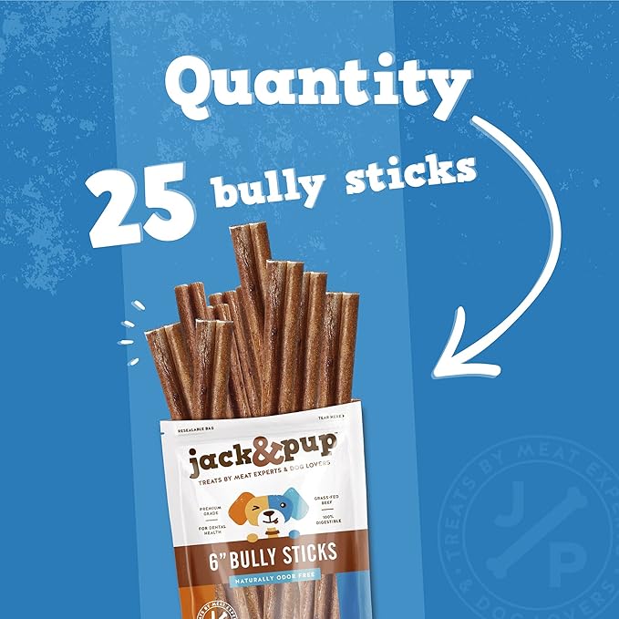 Jack&Pup 6 Inch Bully Sticks for Medium Dogs (25 Pack) Dog Chews Long Lasting, Single Ingredient 100% Beef Bully Sticks for Dogs