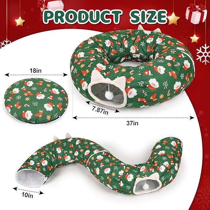 Christmas Cat Tunnel Bed in 3FT x 3FT x 10IN-Cute Cat Tube Christmas Tree Skirt with Ball,Foldable Round Pet Toy with Washable Mat for Keeping Indoor Cats Off Xmas Tree, Green
