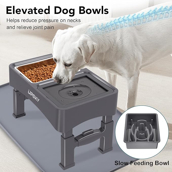 UPSKY 3-in-1 Elevated Dog Bowls with Mat, Large 24 x 16 Inches, 4 Height Adjustable Stand with Slow Feeder, Stainless Steel Bowl for Small to Medium Dogs, Grey