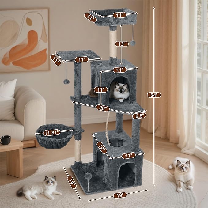 Cat Tree, 54-Inch Cat Tower for Indoor Cats,Plush Multi-Level Cat Condo with Scratching Posts, Basket, Perches,2 Caves,2 Pompoms(Dark Gray)