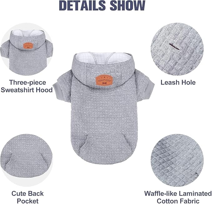 BEAUTYZOO Small Dog Hoodie Sweater with Pockets, Dog Clothes for Small Medium Dogs Boy Girl, Waffle-Like Laminated Cotton Pet Coats with Hat and Leash Hole, Grey XL