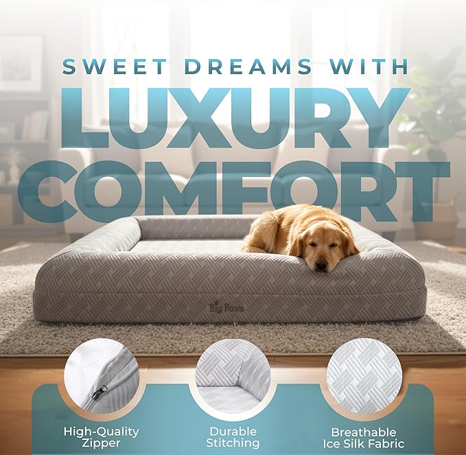 Big Paws Cooling Orthopedic Dog Bed for Large & Senior Dogs – Ice Silk Surface, Waterproof Liners, Washable Cover, Non-Slip Base, Raised Bolsters, Joint Support Foam – Gray