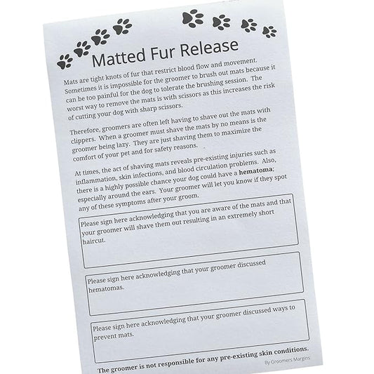 Matted Fur Release Forms for Dog Grooming Salons (Pad of 100, 5.5 X 8.5 Inches) - Addressing Mats