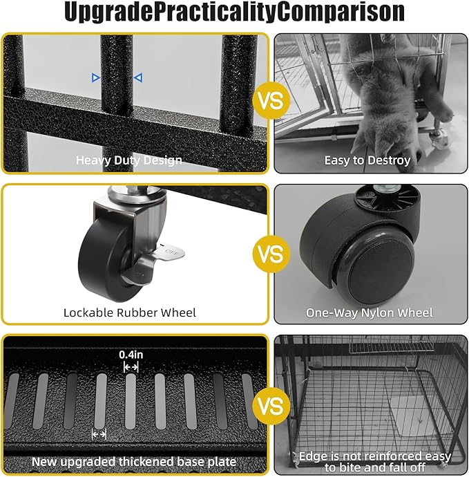 Escape-Proof Heavy Duty 42" Dog Crate, Indestructible Steel Kennel for Large & High-Anxiety Dogs with 300Lbs Capacity, Double Door Design with 4 Locking Wheels and Reinforced Baseplate.