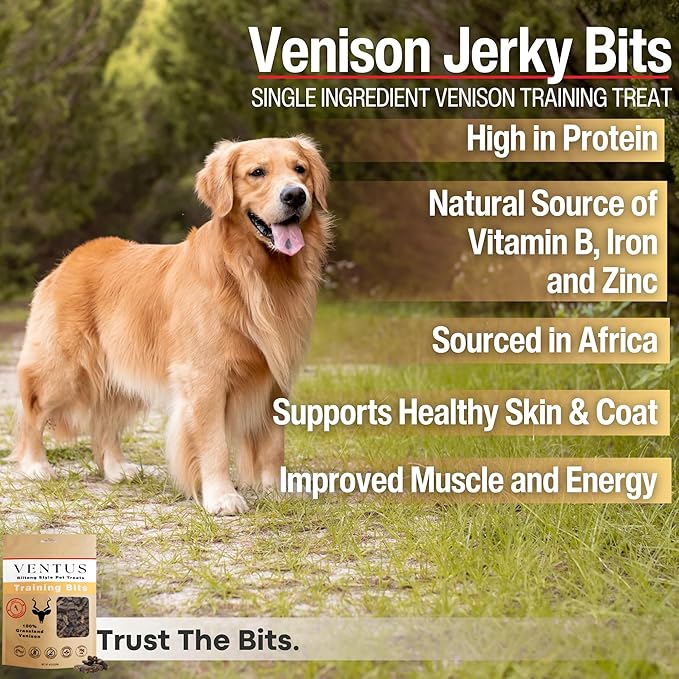 VENTUS Jerky Training Bits - Single Ingredient High Protein Venison Dog Training Treats, Grain-Free, Air-Dried Training Treats for Dogs 8 oz