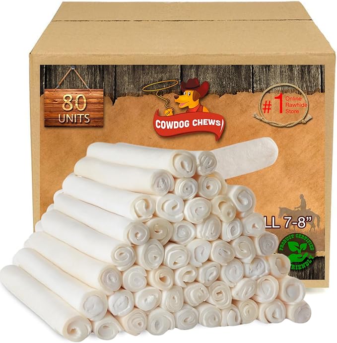 Cowdog Chews Beefhide Roll (7-8 inch) Long Lasting Dog Treat Bone, Great for Dental Health and Aggressive Chewers (80 Count)