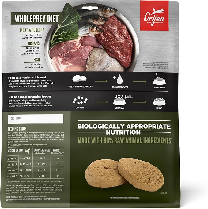 ORIJEN Grain Free High Protein Freeze Dried Dog Food & Topper Tundra Recipe 16oz Bag