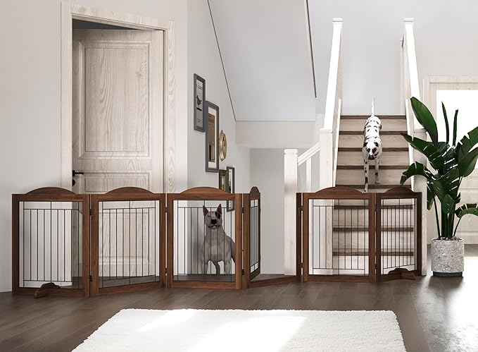 Vantas Folding No-Assembly Dog Door Pet Gate 144" Wide, 30" Tall Wooden Dog Gate with Door Walk Through, Freestanding Wire Pet Gate, Pet Puppy Safety Fence, with 2PCS Support – Brown