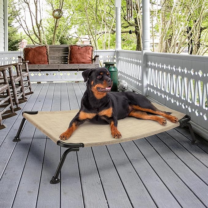 Veehoo Outdoor Elevated Dog Bed, Cooling Raised Dog Cot Bed XL, Portable Waterproof Curved Dogs Hammock Beds for Outside, up to 150lbs, Black Legs, Beige 49"