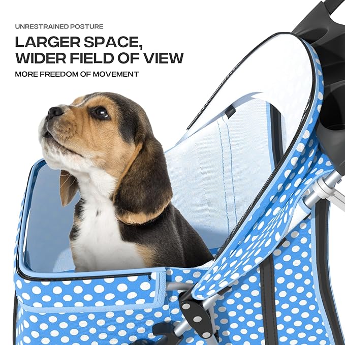 Cat Dog Stroller,3-Wheels Pet Stroller for Medium/Puppy Dogs 30 Lbs, Cat Strollers for 1 Cats, Foldable Dog Stroller with Storage Basket and Cup Holder, Breathable Mesh Blue Polka Dots
