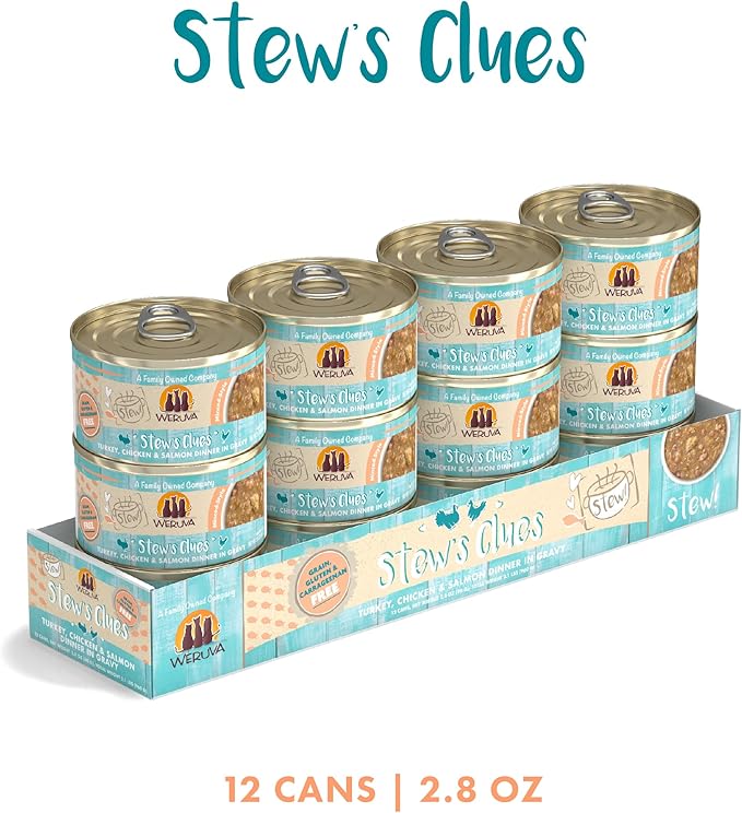 Weruva Classic Cat Stews!, Stew's Clues with Turkey, Chicken & Salmon in Gravy, 2.8oz Can (Pack of 12)