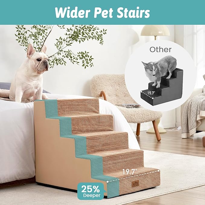 Dog Stairs for Small Dogs, 5 Tier Removable Wider Pet Stairs for Couch and Bed, 23.6" H Non-Slip Dog Steps for Puppies and Old Cats with Support Board, 19.7x29.5x23.6 inch, Light Brown