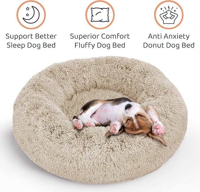Donut Dog Bed - Premium Comfort for Anxiety Relief - Fluffy & Calming Design with Ultra-Plush Support | Cozy Round Dog Bed with Super Soft Circle Style (Size XL Beige)