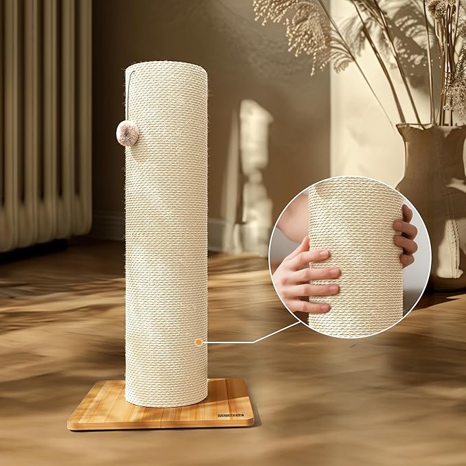 KAMABOKO 29.5" Cat Scratching Post, 7.5" Ultra-Large Diameter Natural Sisal Cat Scratch Post, Scratch-Resistant Tall Cat Scratcher for Indoor Cats, Protect Your Furniture, Beige, Pack of 1