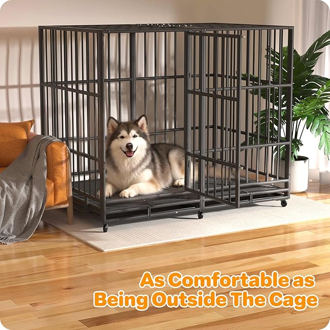 Heavy Duty Indestructible Dog Crate 54 Inch with Removable Tray, Sizes & Colors Optional, Escape Proof Double Door High Anxiety Cage Indoor, Kennel with Wheels for Large Dogs, XL XXL XXL
