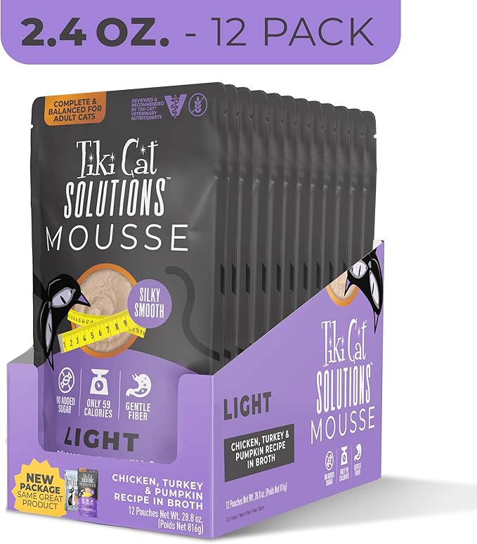 Tiki Cat Solutions Light Mousse, Chicken, Turkey & Pumpkin, Formulated to Support Healthy Trim and Fit, Functional Wet Cat for Adult Cats, 2.4 oz. Pouch (12 Count)