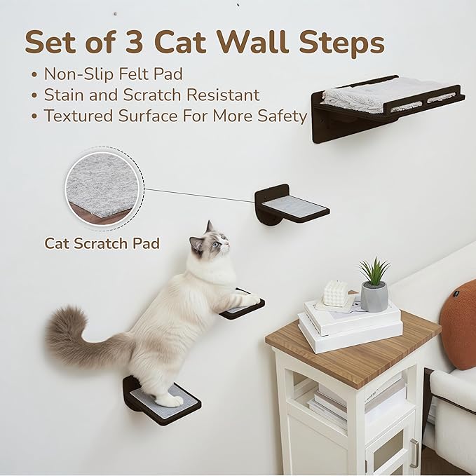 45LBS Capacity Cat Window Perch with Bolster, Hammock Seat with Premium Plywood & Metal Frame, Cat Window Bed for Indoor Cats & Kittens, Extra Cood Pad (Walnut, Cat Wall Steps)