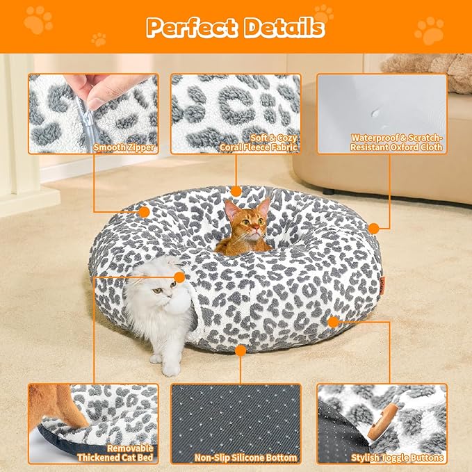 Cat Tunnel Bed for Indoor Cats 35.5 Inch XL Cat Donut Tunnels Cute Tubes Round Pet Play Tunnel Toy for Kitten Puppy Rabbit with Washable Circle Cushion Leopard Grey