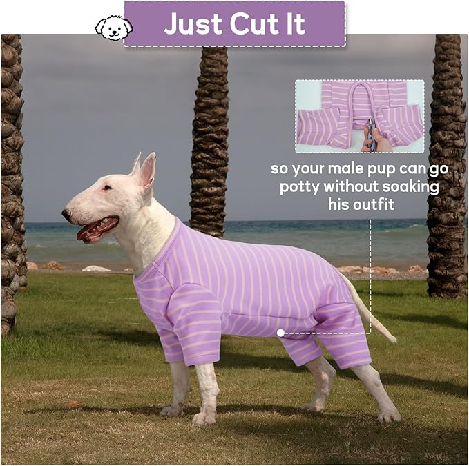 Striped Dog Pajamas - Pijamas for Small to Large Dogs, Fleece Shedding Suit, Stretchy & Machine-Washable Pjs, Belly Cut for Males, Great for Surgery & Cold Weather, Purple S