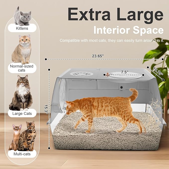 Stainless Steel Litter Box with Lid, XL Extra Large Litter Box, Enclosed Top Entry Metal Litterbox for Big Cats, Easy Cleaning, Anti-Leakage & High Sided with Mat, Aisle & Scoop, Light Grey