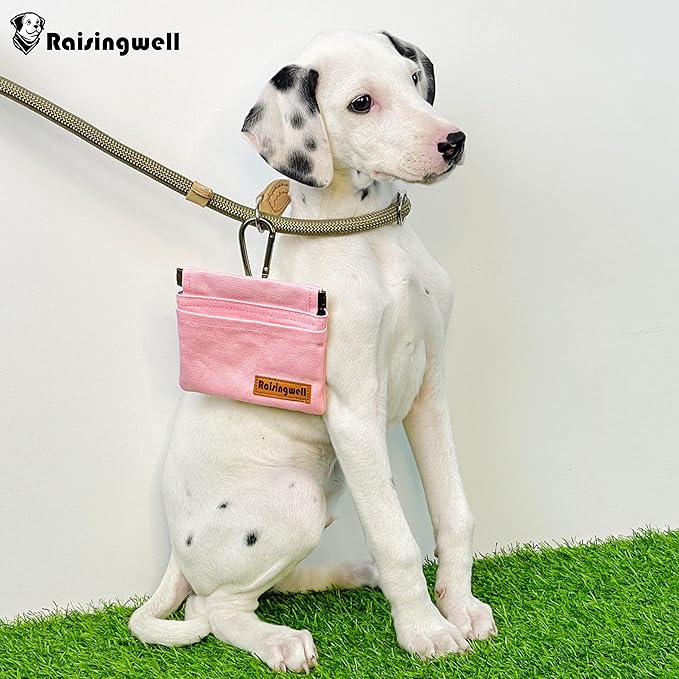Dog Treat Pouch, Small Cotton Pocket Sized Training Holder, Hand Free Walking Fanny Bag with Carabiner, Self-Closing Pet Feed Snack Reward, Behavior Aids for Puppy Travel or Outdoor (Pink)
