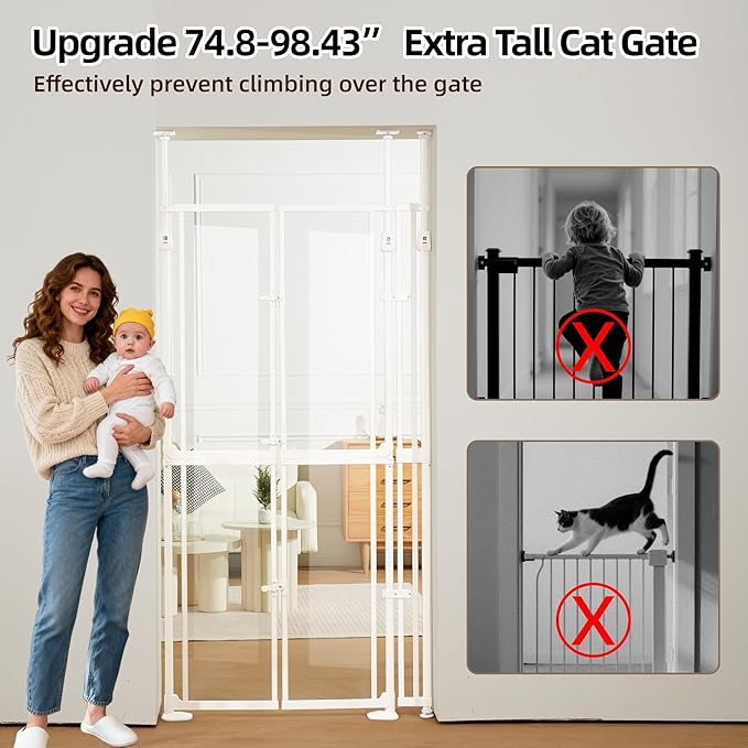 74“ Extra Tall Pet Gate, 33.86-37.40" Wide Cat Gate, Clear Dog Gate Acrylic Auto Close Door Gates for Pets No Drilling Cat Proof Safety Gate for Doorways Stairs House- White