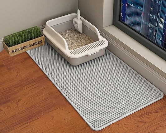 HCY&WLD Cat Litter Mat, 45x26 Inch Extra Large&Long Double Layer Cat Litter Box Mat, EVA Non-Slip, Waterproof Urine Proof Litter Trapping Mat, Easy Clean Scatter Control (45x26 Inch, Gray)