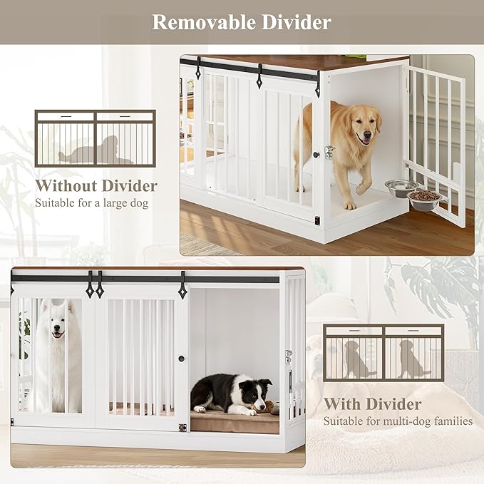 HOSTACK 71" Tall Dog Crate Furniture, 55" W Dog Kennel with Storage Hutch, XL Dog Crate for 2 Dogs with Feeding Bowls, Indoor Heavy Duty Dog Cage with Removable Room Divider, Wooden Pet House, White