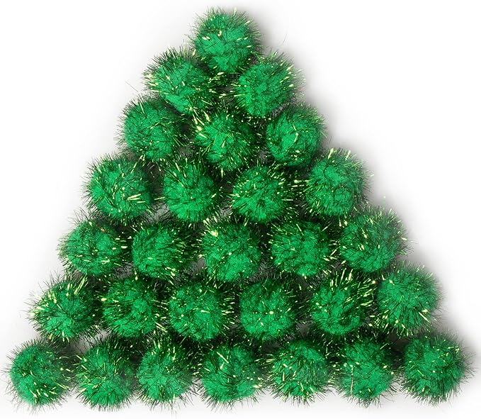VAPKER 30 Piece 1.5" Green Color Sparkle Balls Cat's Favorite Toy Tinsel Pom Poms Glitter