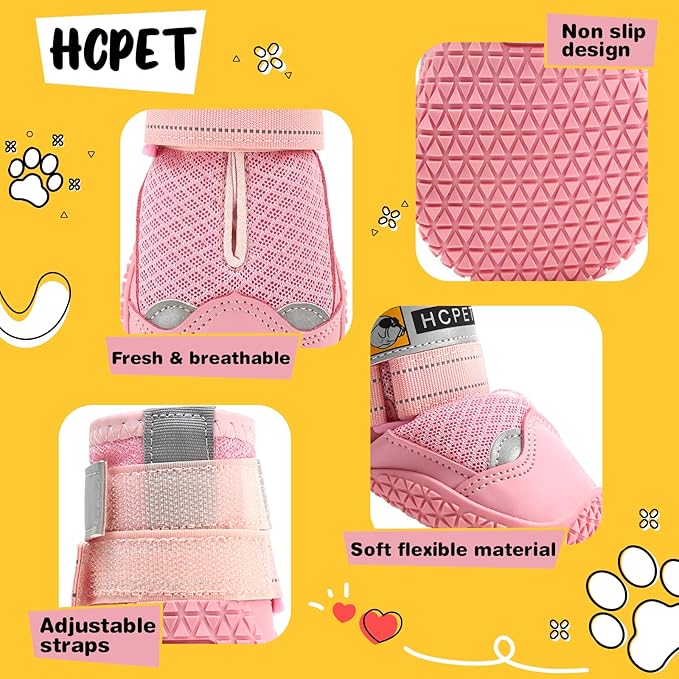 Hcpet Dog Shoes for Large Dogs, Breathable Dog Booties for Small Medium Dogs, Anti-Slip Dog Boots & Paw Protectors for Hot Pavement Winter Snow Hiking with Reflective Straps Pink Size 6