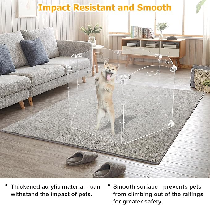 Acrylic Dog Playpen for House Foldable Dog Gate Indoor with Handles Free-Standing Pet Fence Clear Dog Pen for Outdoor Puppy Cat Rabbit Accessories (6 Panel)