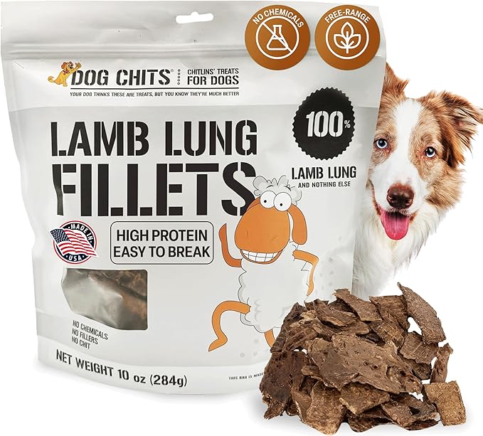 Dog Chits Lamb Lung Fillets Dog and Puppy Treats - Made in USA - Easy to Break - Slices - Random Shape - All Natural - Great for Training - High Protein - Low Fat - Large 10 oz. Bag