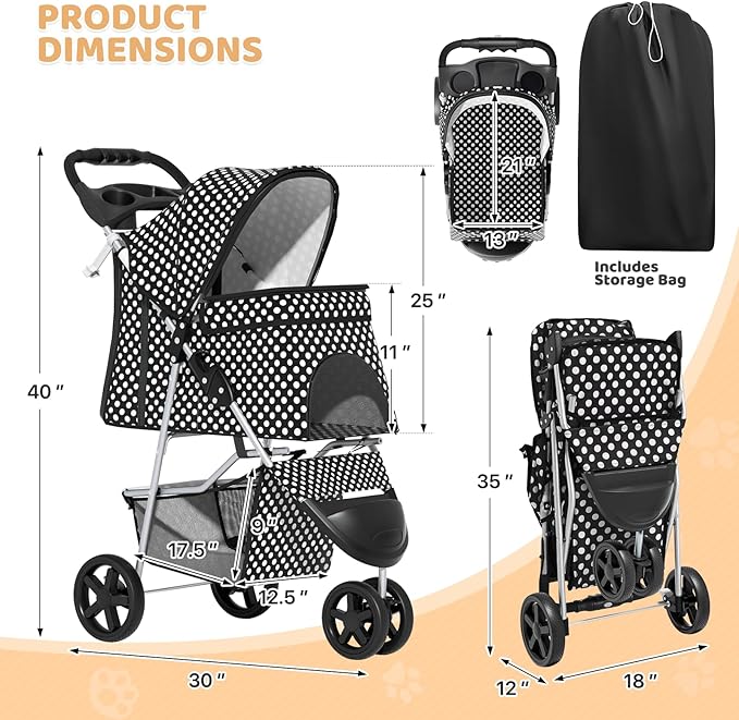 Magshion 3-Wheel Pet Stroller, Foldable Travel Jogger for Small & Medium Dogs & Cats (Up to 33lbs), Lightweight Carrier with Breathable Mesh Cover, Cup Holder & Storage Basket, Black Polka Dots