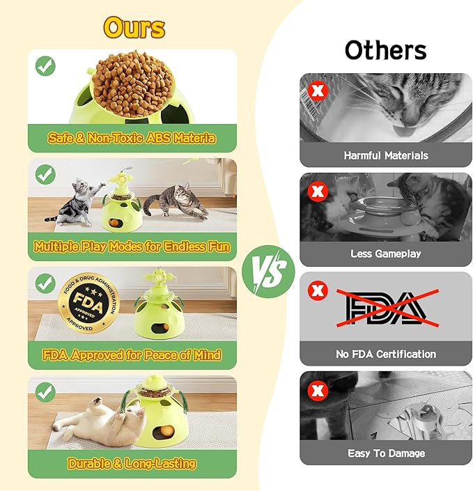 4-in-1 Cat Toys, Interactive Cats Toy with Track Balls, Fluttering Feathers, Slow Food Dispenser, Fun & Engaging Cat Toys for Bored Indoor Cats, Durable & Safe (Green)