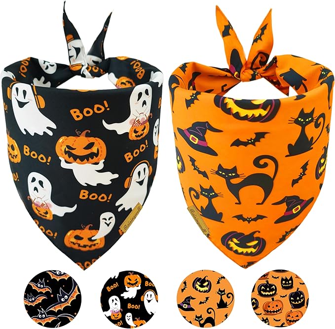 Halloween Dog Bandanas 2 Pack 4 Pattern Bat Pumpkin Pattern Bibs Reversible Washable Durable Fall Scarf for Small and Medium Breed Dogs, Suitable for Boy and Girl (Small)