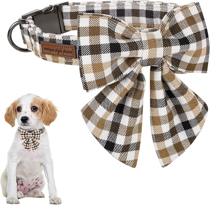 Unique style paws Christmas Dog Collar with Bow Tie Brown Plaid Puppy Collar for Small Medium Large Dogs as Autumn Winter Pet Gifts-M
