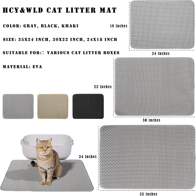 HCY&WLD Cat Litter Mat, 45x26/35x24/30x22/24x18 Inch Double Layer Cat Litter Box Mat, EVA Non-Slip, Waterproof Urine Proof Cat Litter Catcher Mat, Easy Clean Scatter Control (30x22 Inch, Gray)