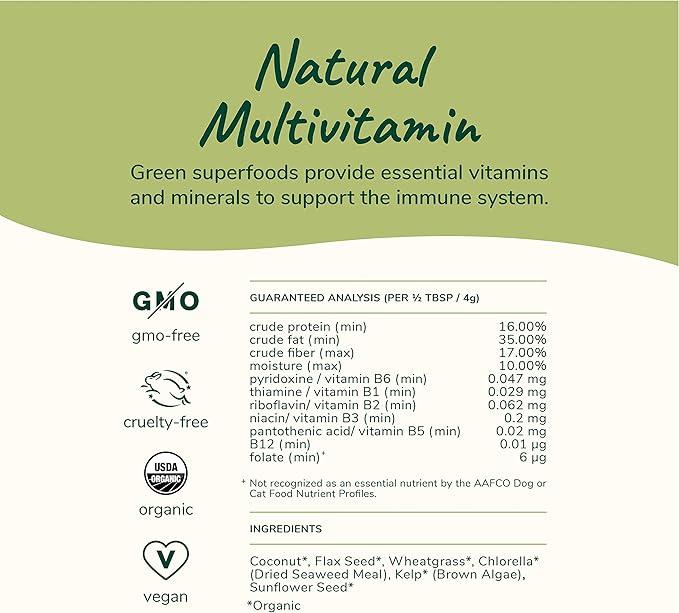 kin+kind Organic Multivitamin for Dogs & Cats - Pet Supplement for Healthy Skin and Coat - Safe, Natural Formula with Wheatgrass, Kelp, Seaweed and Coconut - Made in USA - 4oz (Medium)